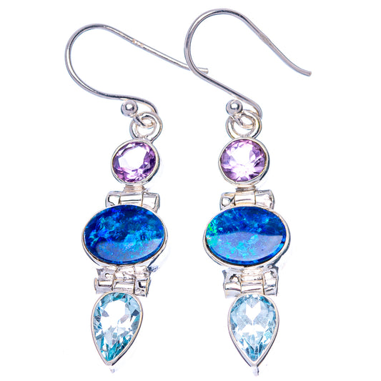 Rare Doublet Opal, Blue Topaz, Amethyst Earrings 1 3/4" (925 Sterling Silver) E1579