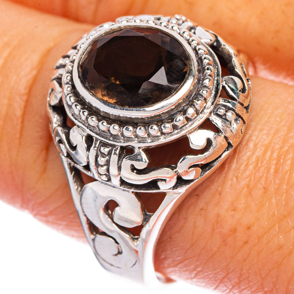 Smoky quartz ring with oval dark gemstone in ornate 925 sterling silver setting