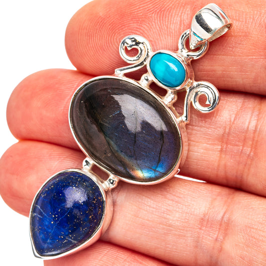 925 sterling silver labradorite and lapis lazuli pendant with turquoise accents