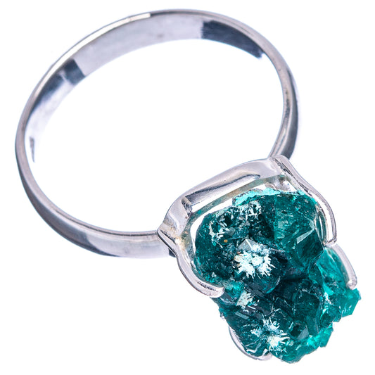 Sterling silver dioptase ring with large rough teal-green crystal, prong-set