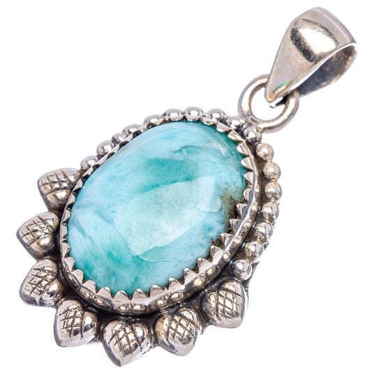 Sterling silver larimar pendant front, oval turquoise cabochon with scalloped bezel and bail