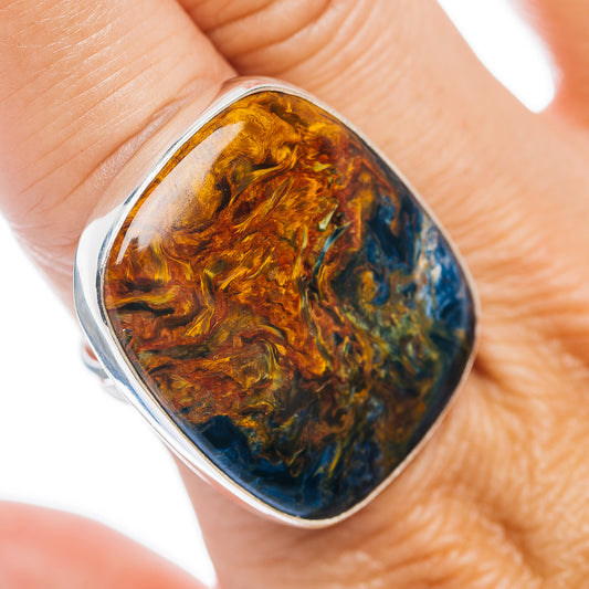 Pietersite oval cabochon ring in blue and amber with .925 sterling silver band