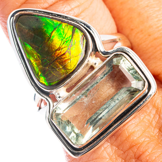 Sterling silver ring with green ammolite teardrop and rectangular clear gemstone
