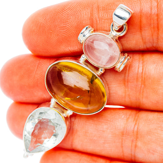Premium Multi-Gem Citrine, Green Amethyst, Rose Quartz Pendant 2 1/4" (.925 Sterling Silver)