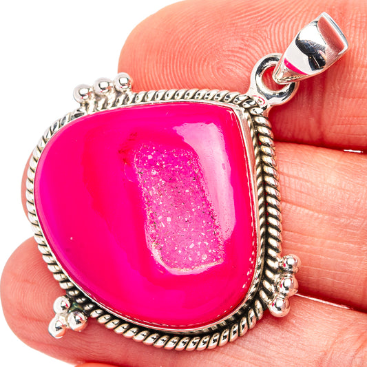 Sterling silver druzy agate pendant, pink teardrop cabochon with rope bezel