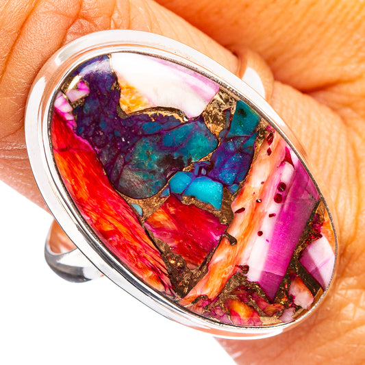 Sterling silver oval ring with pink, purple, turquoise mosaic inlay