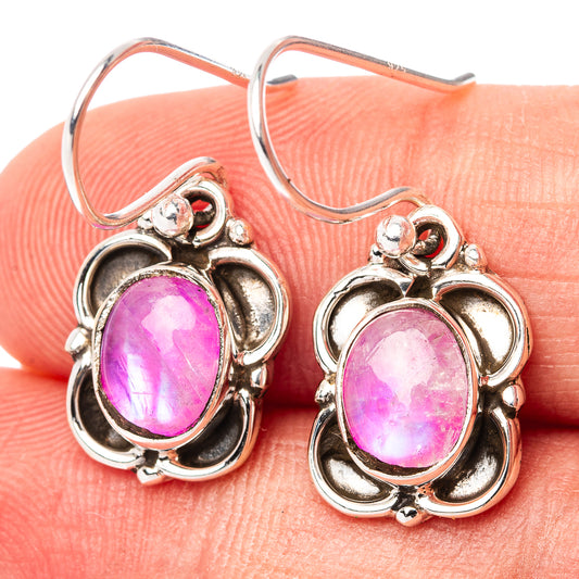 Pink moonstone oval drop earrings in .925 sterling silver with ornate filigree