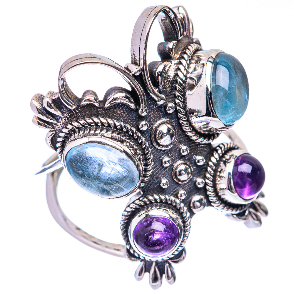 Sterling silver ring with round blue fluorite, purple amethyst, and detailed scalloped settings