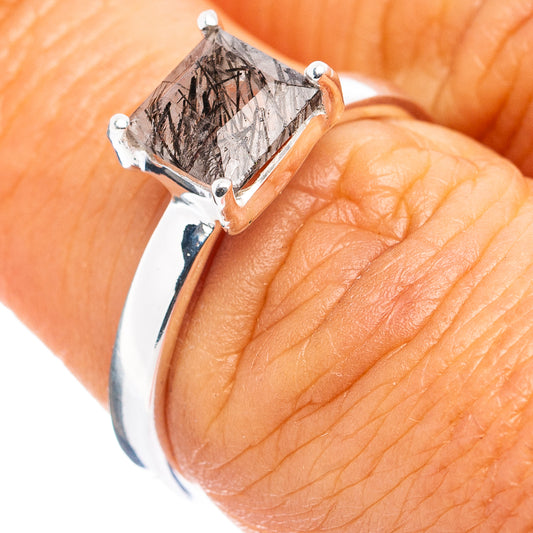 Sterling silver prong-set tourmalinated quartz ring with square gray-and-black stone
