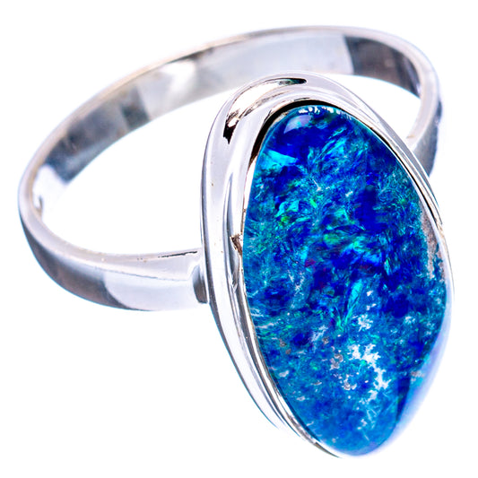 Oval blue opal ring in .925 sterling silver, rounded side setting, size 9