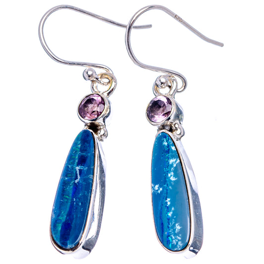 Pair of sterling silver dangle earrings, amethyst round tops and blue opal doublet drops