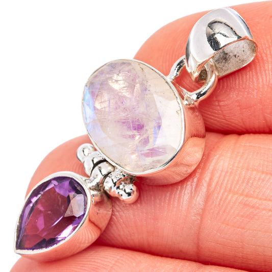 Faceted moonstone and amethyst pendant with .925 sterling silver bezel setting
