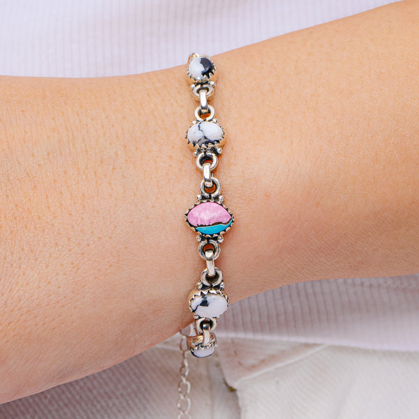 Southwestern Style White Buffalo Turquoise, Cotton Candy Turquoise Bracelet 8 5/8" (.925 Sterling Silver)
