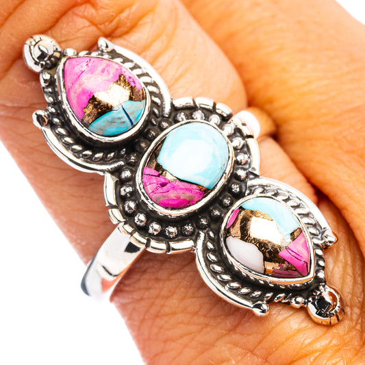 Sterling silver turquoise and pink inlay ring with ornate bezel setting, size 9