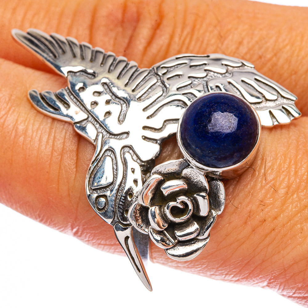 Hummingbird lapis lazuli cabochon ring in 925 sterling silver, large round blue stone