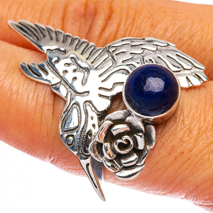 Hummingbird lapis lazuli cabochon ring in 925 sterling silver, large round blue stone