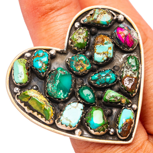 Turquoise heart cluster ring in .925 sterling silver, adjustable band