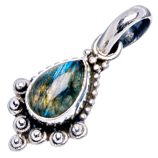 Sterling silver labradorite pendant, oval bezel with blue-green shimmer and scalloped dots