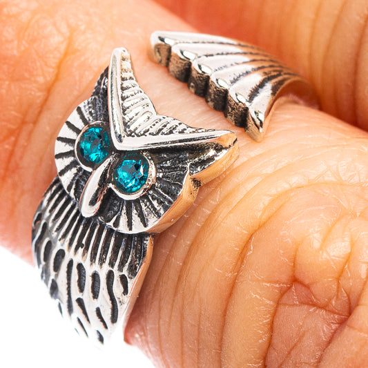 Sterling silver owl dainty ring with blue cubic zirconia eyes, adjustable band