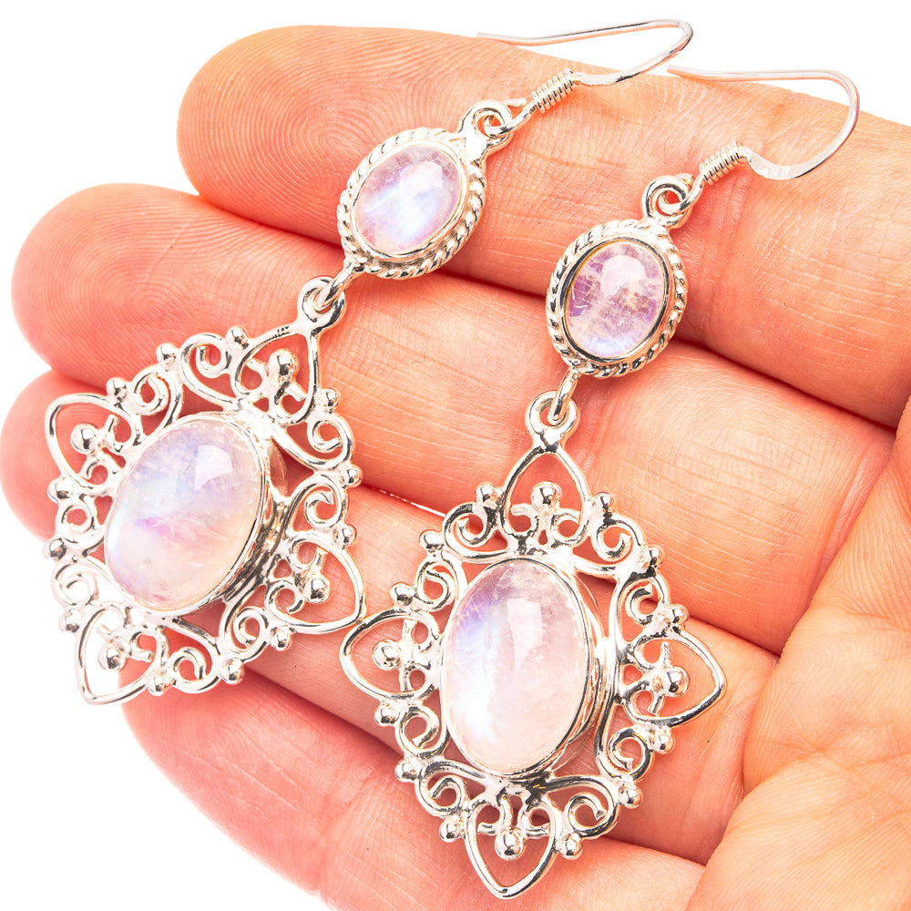 925 silver drop earrings with oval rainbow moonstone cabochons and ornate filigree