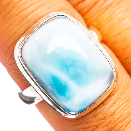 Oval Larimar gemstone ring in .925 sterling silver, blue marbled stone with silver bezel
