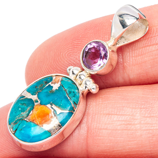 Spiny Oyster Turquoise, Amethyst Pendant 1 3/8" (925 Sterling Silver) P41058