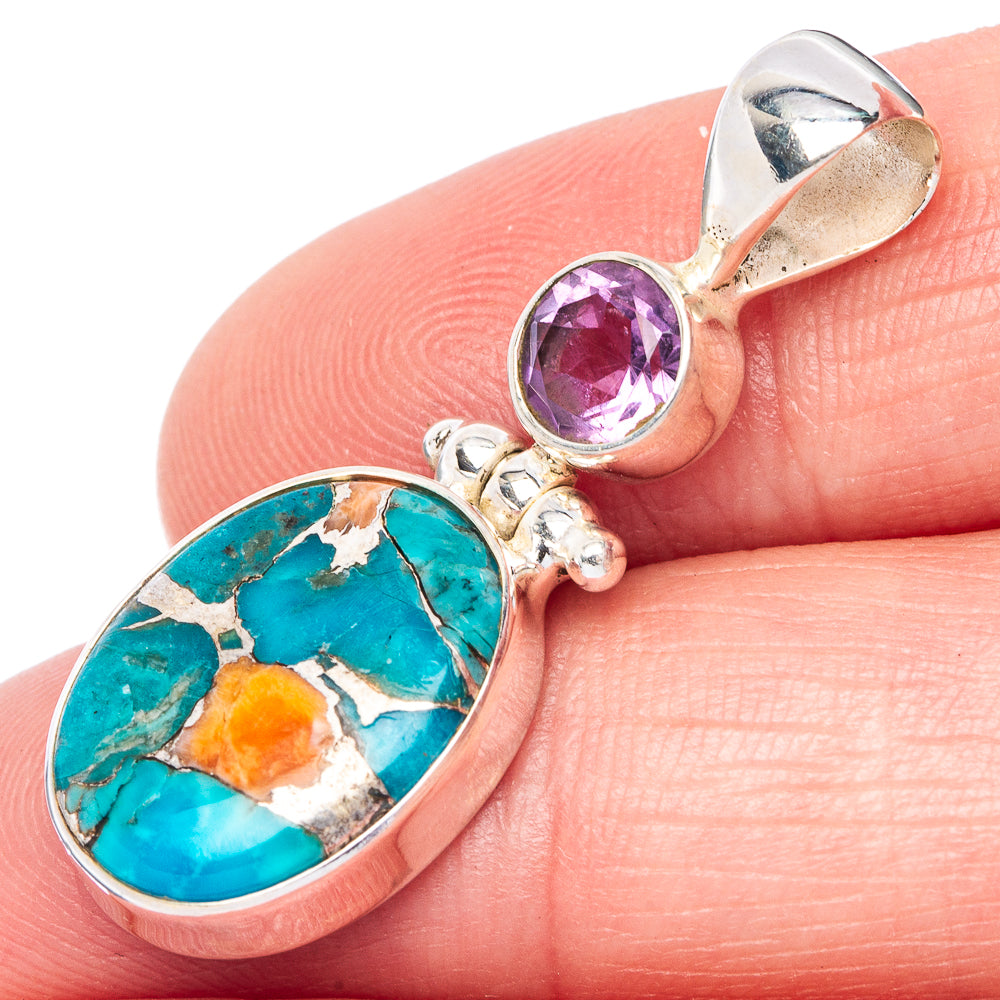 Spiny Oyster Turquoise, Amethyst Pendant 1 3/8" (925 Sterling Silver) P41058