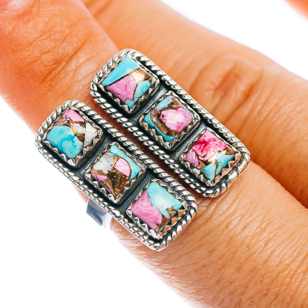 Exclusive Southwestern Style Cotton Candy Turquoise, White Buffalo Turquoise Ring Size 7 Adjustable (.925 Sterling Silver)