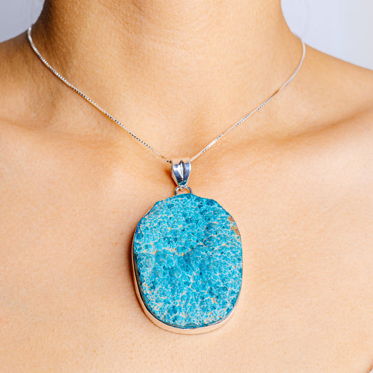 925 sterling silver chrysocolla pendant with oval blue stone and bail on chain