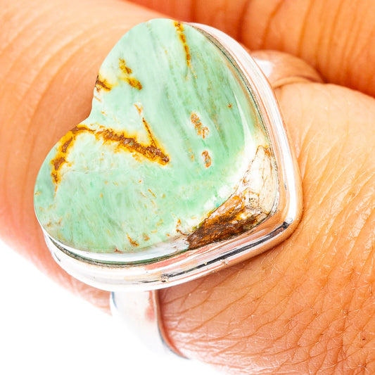 Sterling silver heart ring with mint green gemstone and brown veining, size 8