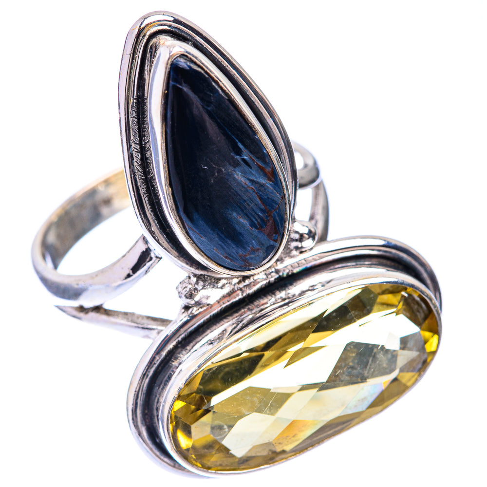 Sterling silver double-stone ring with dark blue oval and yellow oval citrine, side view