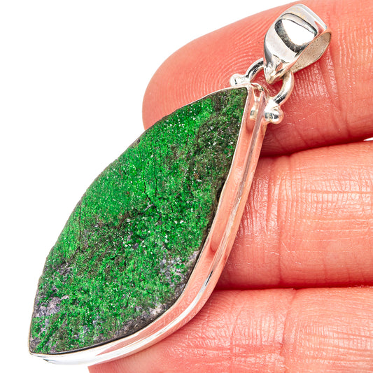 Uvarovite garnet pendant with teardrop green stone in .925 sterling silver bezel.