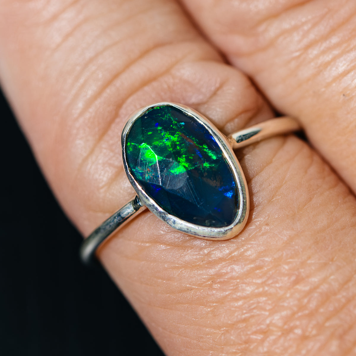 Black Ethiopian Opal Dainty Ring Size 9.75 (.925 Sterling Silver)
