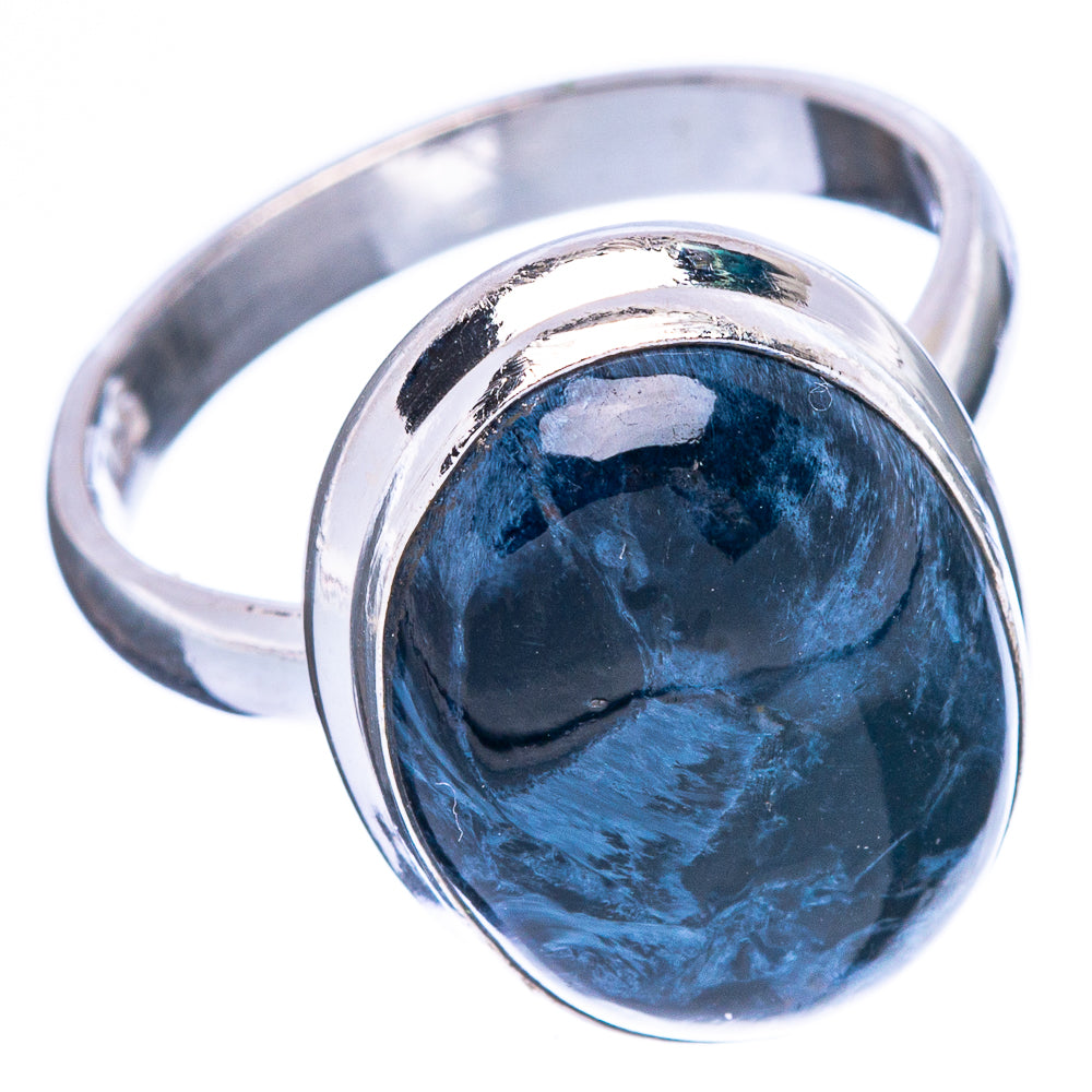 Sterling silver ring featuring oval blue pietersite cabochon and polished band
