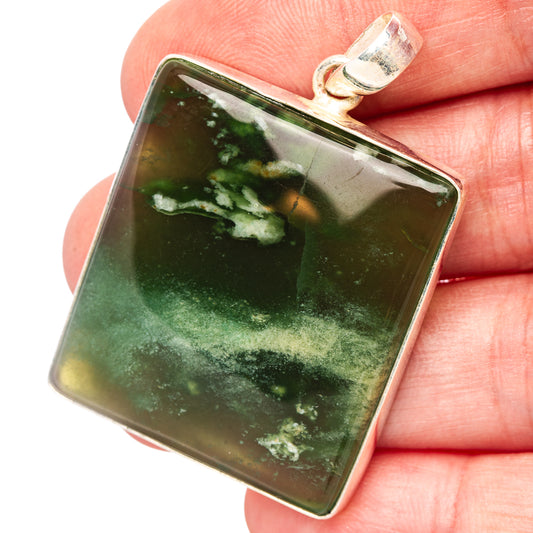 Chrome chalcedony pendant, square green stone with sterling silver bail