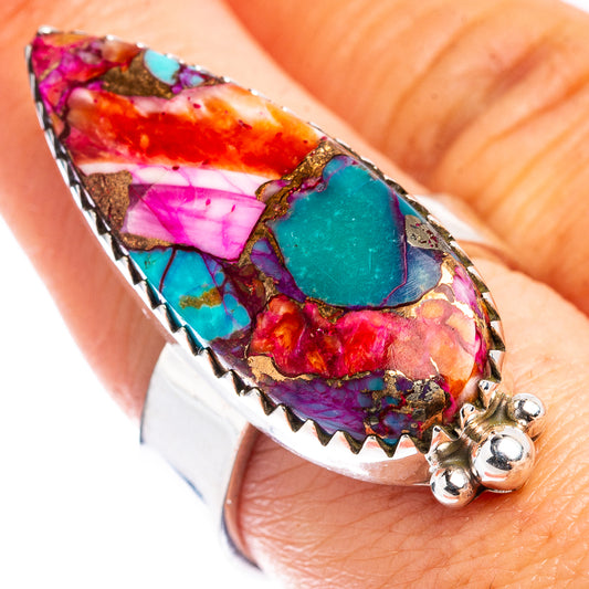 Adjustable .925 sterling silver ring with pear-shaped multicolor inlay and turquoise center