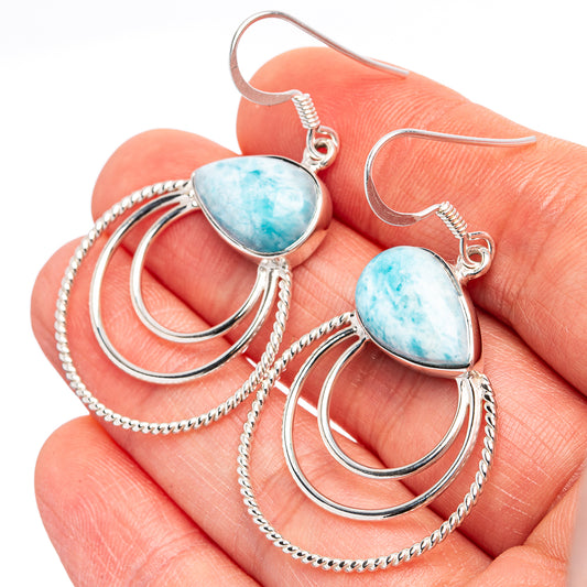 Larimar oval stone dangle earrings, sterling silver setting with linked chain and hoops