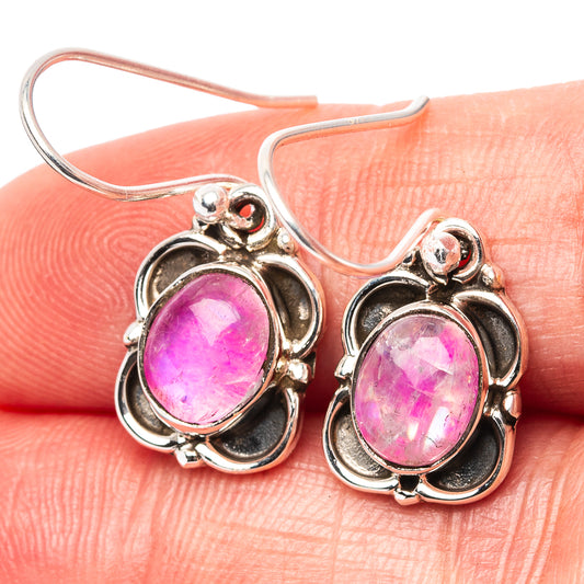Round pink moonstone earrings, .925 sterling silver, ornate oval setting with fishhook backs.