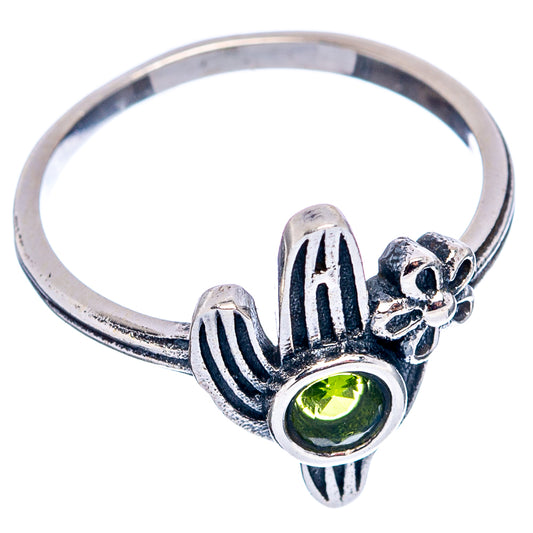 Sterling silver ring with cactus motif, green peridot gemstone, slim band, size 6.75