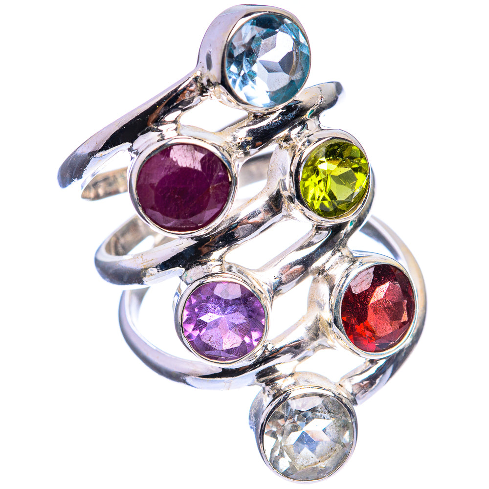 Large Blue Topaz, Ruby, Amethyst, Peridot, Garnet, White Quartz Ring Size 6.75 (925 Sterling Silver) R143028
