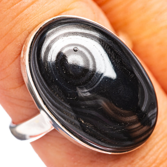 Oval black gemstone ring in .925 sterling silver, size 8.75