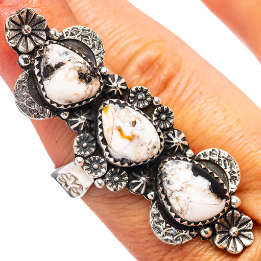 Antique silver-tone adjustable ring with three oval white buffalo stones and floral accents