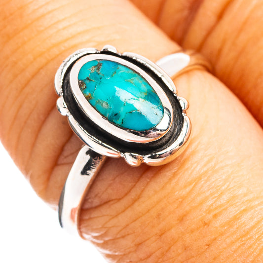 Turquoise oval stone sterling silver ring, size 8.5, oval bezel with braided detail