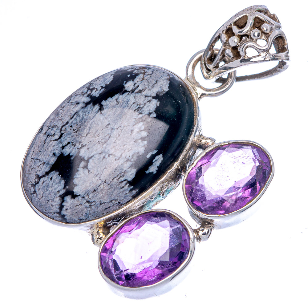 Snowflake Obsidian, Amethyst Pendant 1 5/8" (925 Sterling Silver) P40048