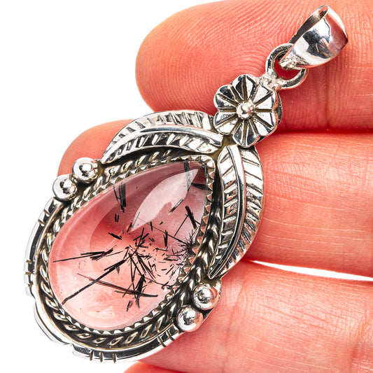 Silver teardrop pendant with pink quartz gemstone and black tourmaline inclusions