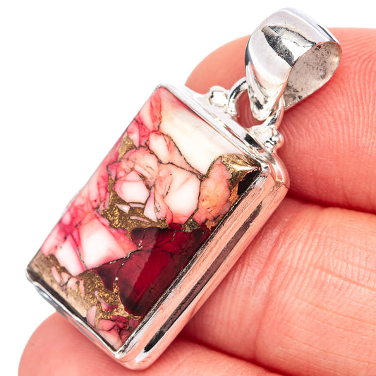 Rectangle sterling silver pendant with red/pink stone inlay, silver bail and frame
