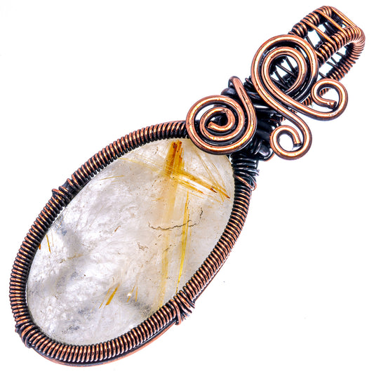 Oxidized copper wire wrap pendant with teardrop rutilated quartz and coiled frame