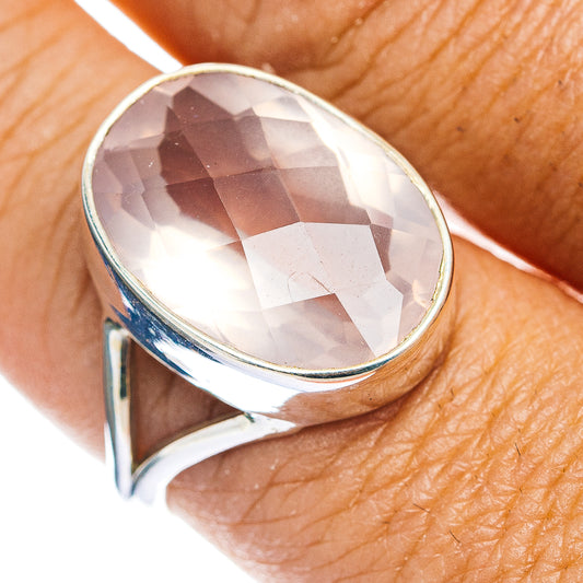 Sterling silver rose quartz ring with oval faceted gemstone, size 9.5