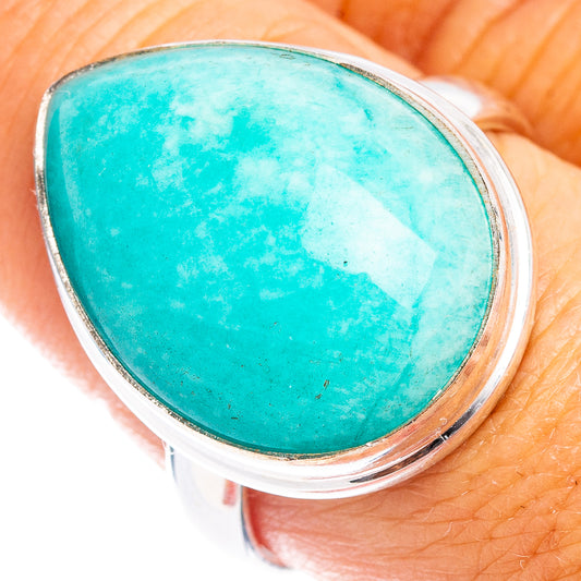 Amazonite oval cabochon ring in sterling silver with teal stone bezel