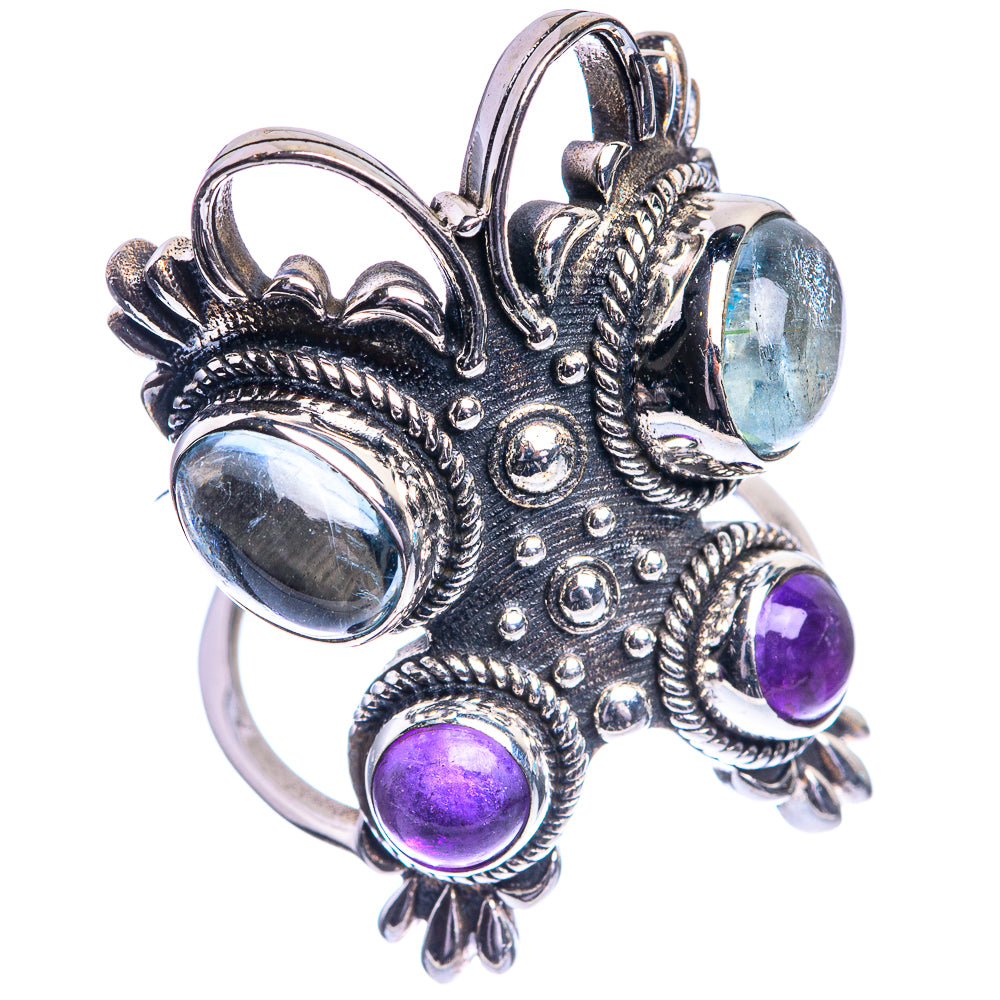 Sterling silver statement ring side view with aquamarine blue and amethyst purple stones